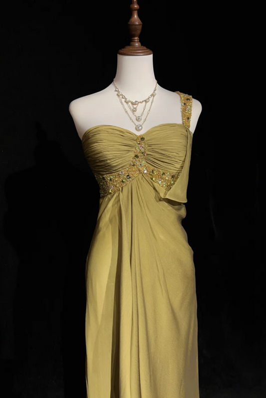 Fairy Olive Green Long Prom Dresses One-shouder Sheath Evening Dresses Silk Sleeveless Wedding Guest Dresses EP06069