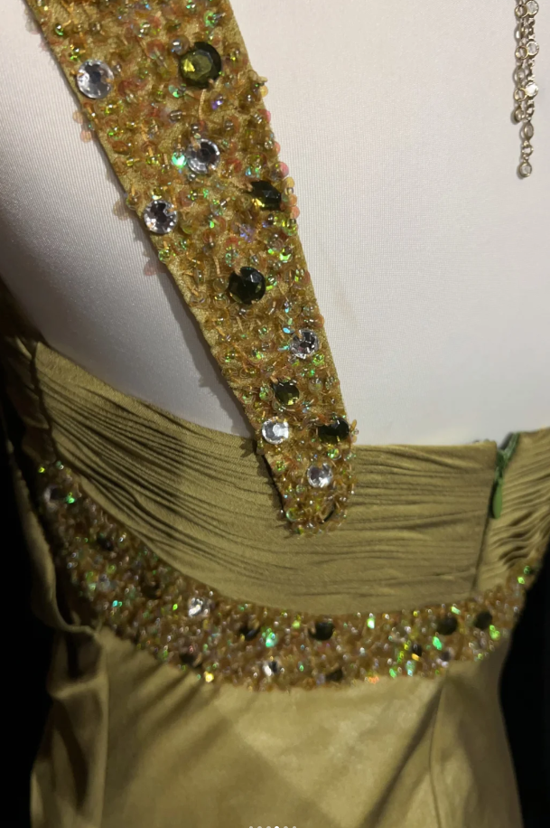 Fairy Olive Green Long Prom Dresses One-shouder Sheath Evening Dresses Silk Sleeveless Wedding Guest Dresses EP06069