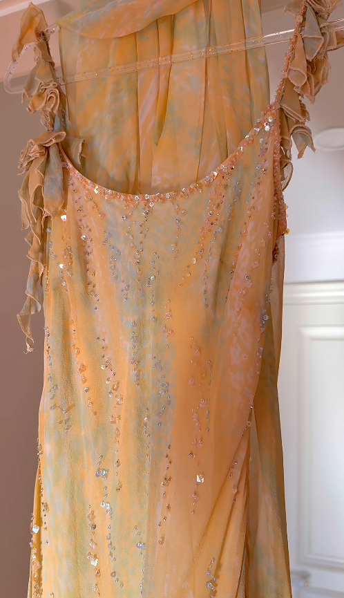 Fairy Orange Birtdhay Dresses Sheath Straps Long Prom Dresses Chiffon Beaded Sleeveless Party Dresses EP06073