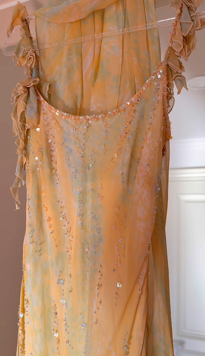 Fairy Orange Birtdhay Dresses Sheath Straps Long Prom Dresses Chiffon Beaded Sleeveless Party Dresses EP06073
