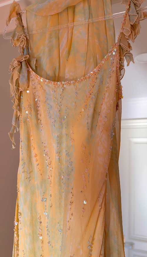 Fairy Orange Birtdhay Dresses Sheath Straps Long Prom Dresses Chiffon Beaded Sleeveless Party Dresses EP06073