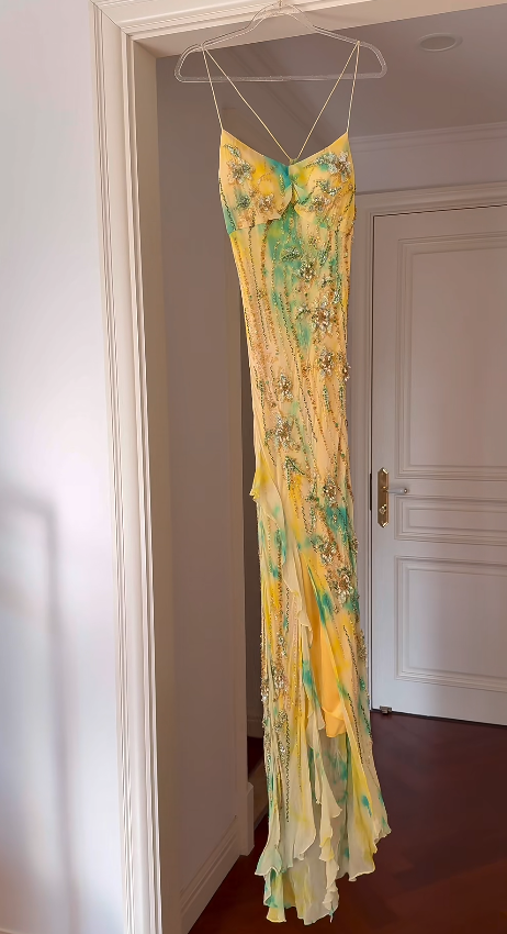 Fairy Yellow Birtdhay Dresses Sheath Spaghetti Straps Long Prom Dresses Chiffon Beaded Sleeveless Party Dresses EP06074