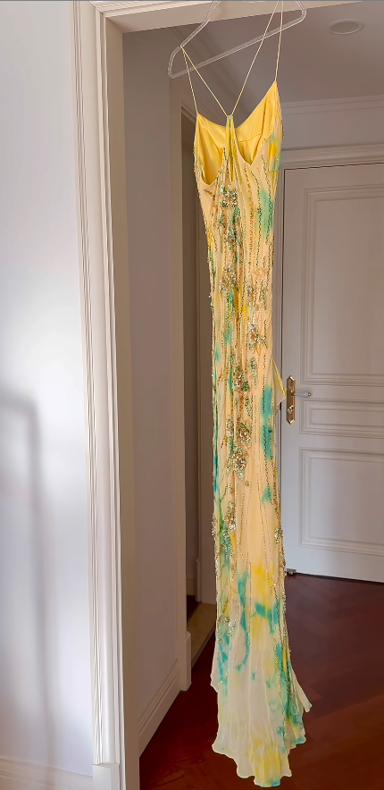 Fairy Yellow Birtdhay Dresses Sheath Spaghetti Straps Long Prom Dresses Chiffon Beaded Sleeveless Party Dresses EP06074