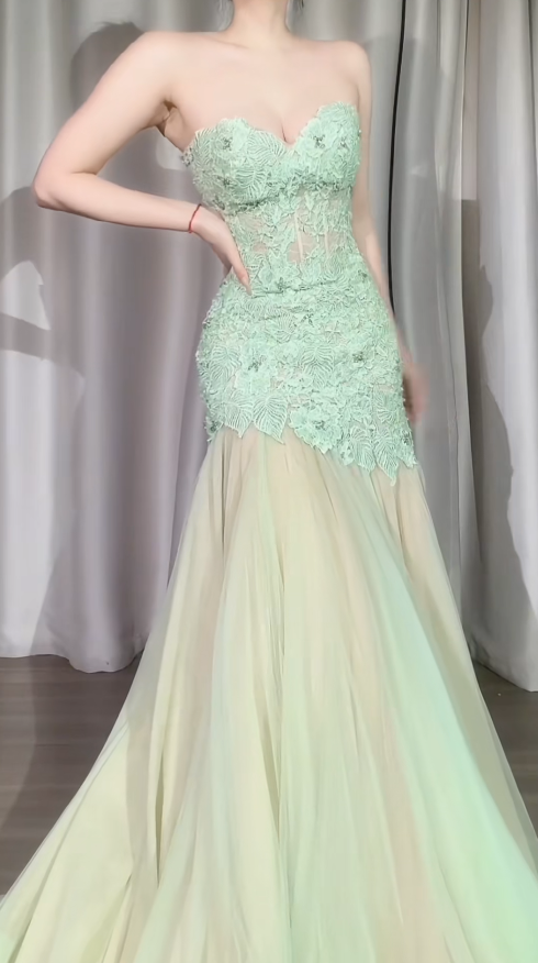 Fairy Green Birtdhay Dresses A-Line Sweetheart Long Prom Dresses Lace Chiffon Sleeveless Evening Dress EP06075