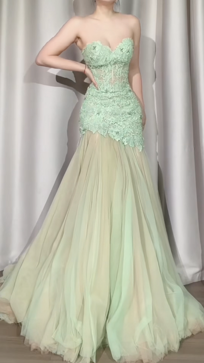 Fairy Green Birtdhay Dresses A-Line Sweetheart Long Prom Dresses Lace Chiffon Sleeveless Evening Dress EP06075
