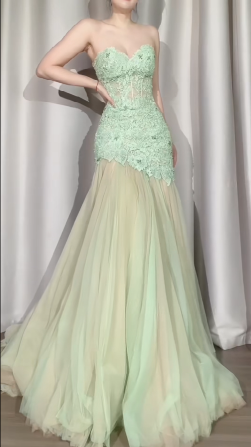 Fairy Green Birtdhay Dresses A-Line Sweetheart Long Prom Dresses Lace Chiffon Sleeveless Evening Dress EP06075