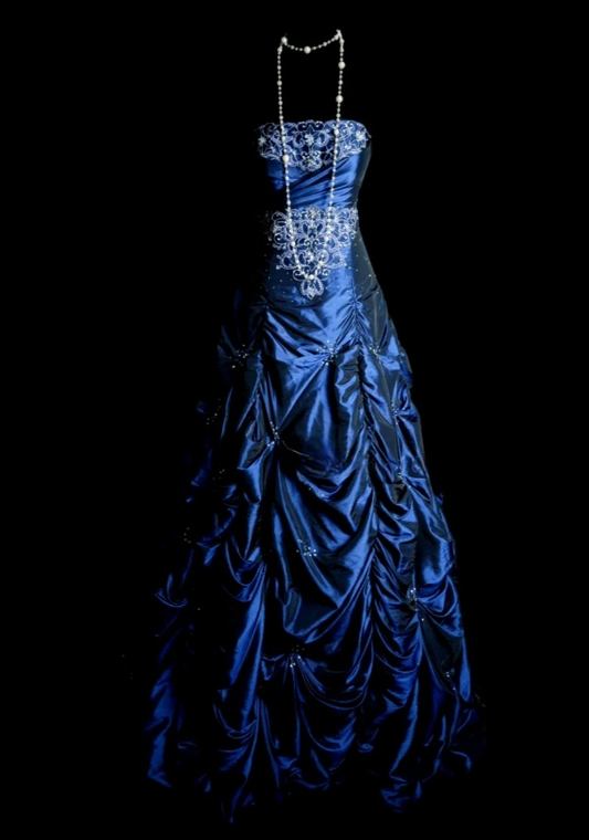 Chic Navy Blue Long Prom Dresses Satin Beaded A-Line Evening Dresses Strapless Sleeveless Formal Dresses EP06076