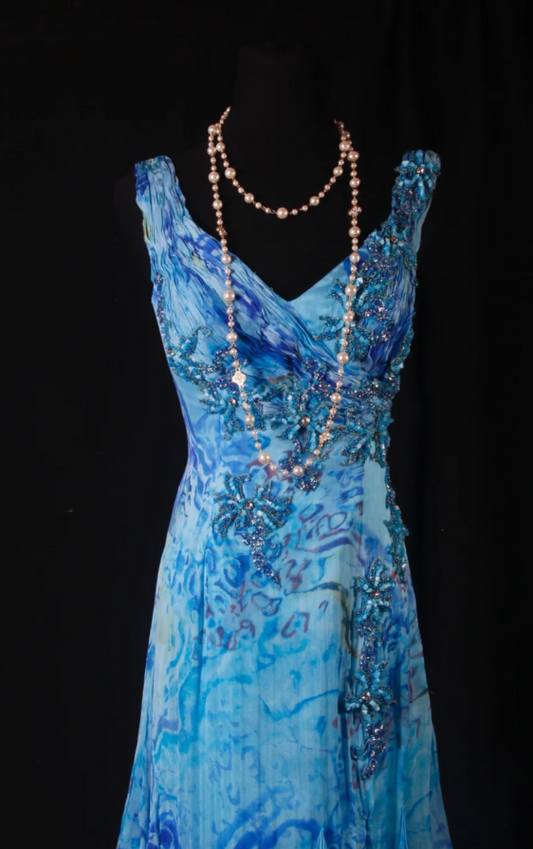 Chic Blue Floral Long Prom Dresses Chiffon Beaded Sheath Evening Dresses V-Neck Sleeveless Formal Dresses EP06077