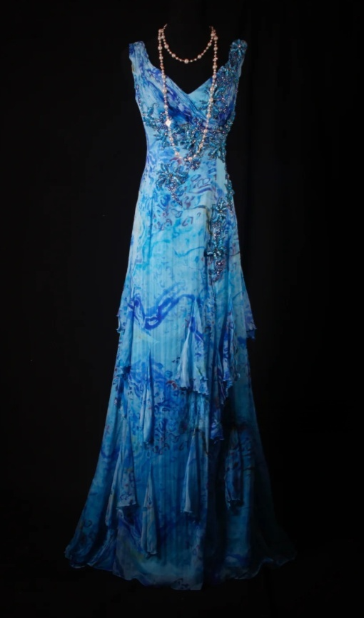 Chic Blue Floral Long Prom Dresses Chiffon Beaded Sheath Evening Dresses V-Neck Sleeveless Formal Dresses EP06077