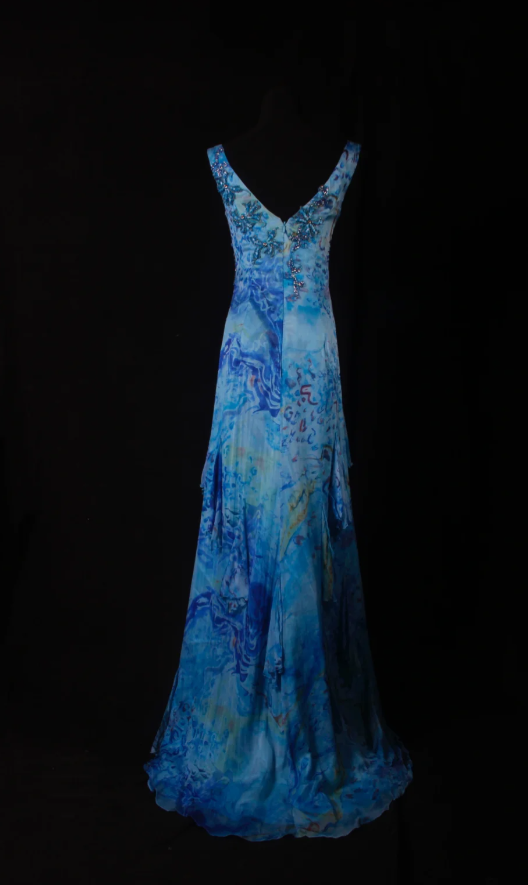 Chic Blue Floral Long Prom Dresses Chiffon Beaded Sheath Evening Dresses V-Neck Sleeveless Formal Dresses EP06077