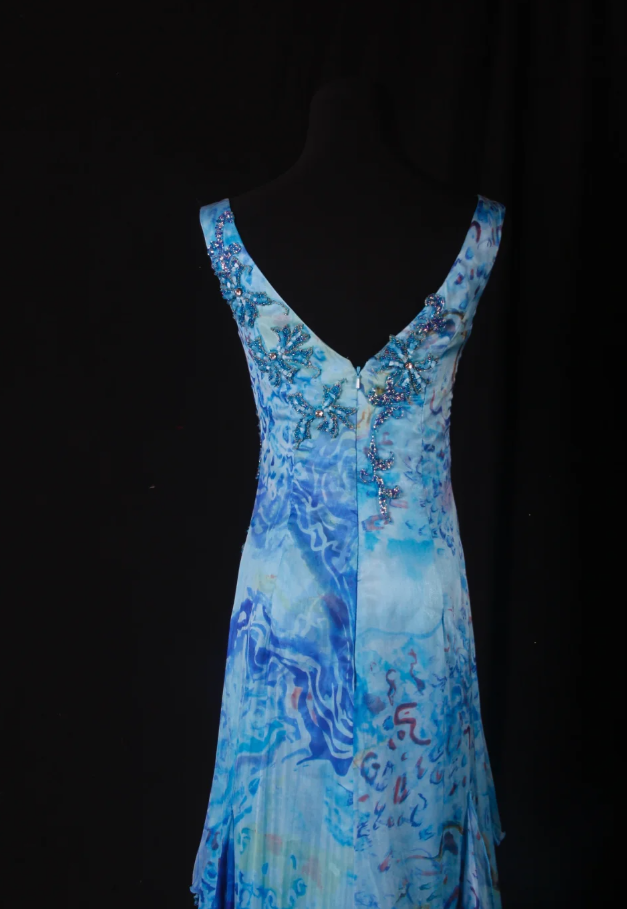 Chic Blue Floral Long Prom Dresses Chiffon Beaded Sheath Evening Dresses V-Neck Sleeveless Formal Dresses EP06077