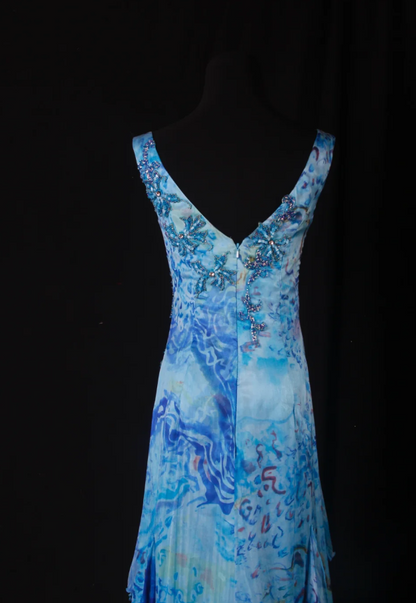 Chic Blue Floral Long Prom Dresses Chiffon Beaded Sheath Evening Dresses V-Neck Sleeveless Formal Dresses EP06077