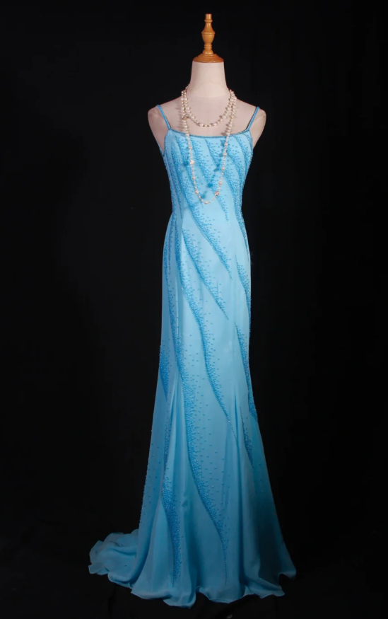 Chic Blue Long Prom Dresses Chiffon Beaded Sheath Evening Dresses Spaghetti Straps Sleeveless Formal Dresses EP06078