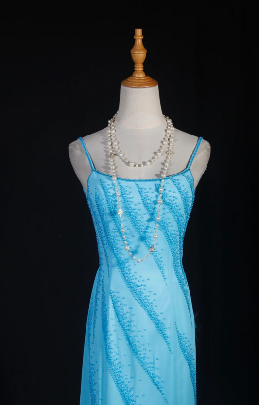 Chic Blue Long Prom Dresses Chiffon Beaded Sheath Evening Dresses Spaghetti Straps Sleeveless Formal Dresses EP06078
