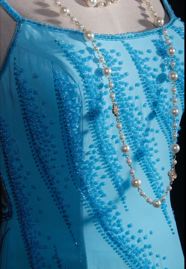 Chic Blue Long Prom Dresses Chiffon Beaded Sheath Evening Dresses Spaghetti Straps Sleeveless Formal Dresses EP06078