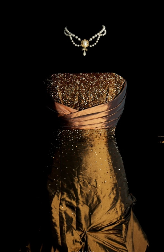 Chic Brown Long Prom Dresses Satin Sheath Evening Dresses Strapless Sleeveless Formal Dresses EP06079