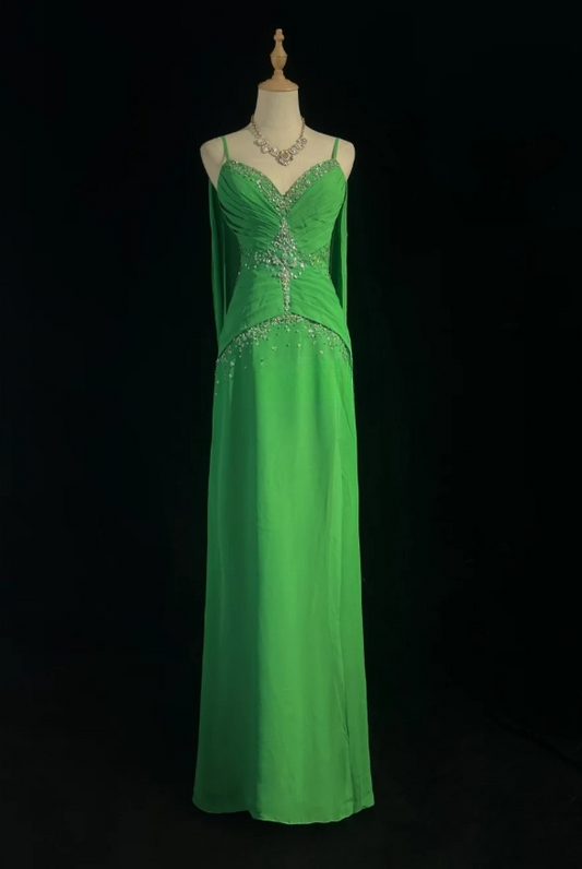 Chic Green Long Prom Dresses Beaded Chiffon Sheath Evening Dresses Spaghetti Straps Sleeveless Formal Dresses EP06080