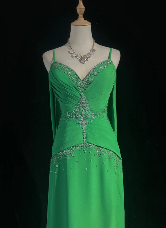 Chic Green Long Prom Dresses Beaded Chiffon Sheath Evening Dresses Spaghetti Straps Sleeveless Formal Dresses EP06080