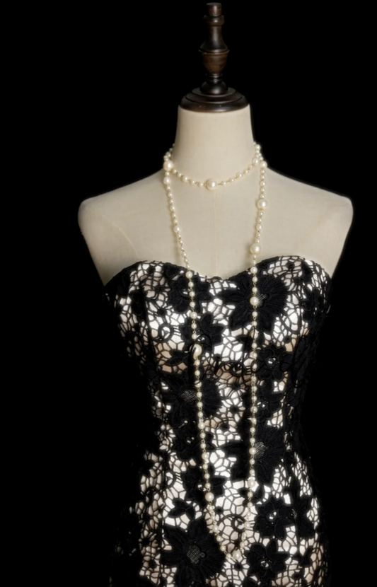 Elegant Black Mermaid Long Prom Dresses Lace Appliques Strapless Evening Dresses Sleeveless Formal Dresses EP06083