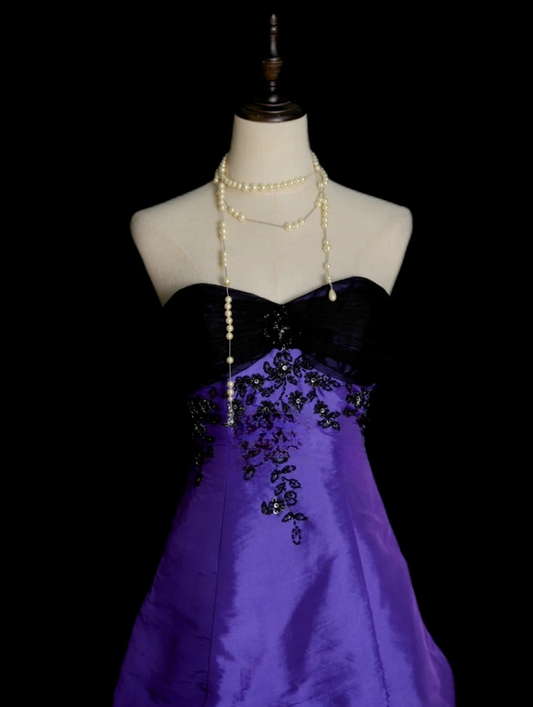 Elegant Purple A-Line Long Prom Dresses Satin Strapless Evening Dresses Sleeveless Formal Dresses EP06084