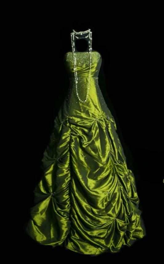 Elegant Green A-Line Long Prom Dresses Beaded Satin Strapless Evening Dresses Sleeveless Formal Dresses EP06085