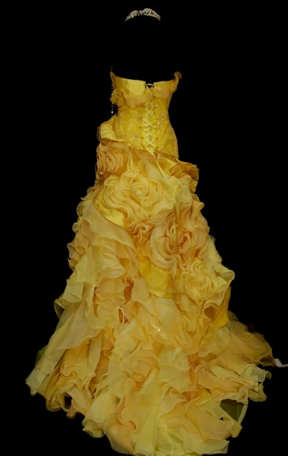 Cute Yellow A-Line Long Prom Dresses Tulle Strapless Quinceanera  Dresses Sleeveless Sweet 16 Dress EP06086