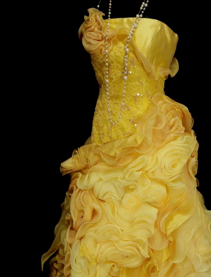 Cute Yellow A-Line Long Prom Dresses Tulle Strapless Quinceanera  Dresses Sleeveless Sweet 16 Dress EP06086