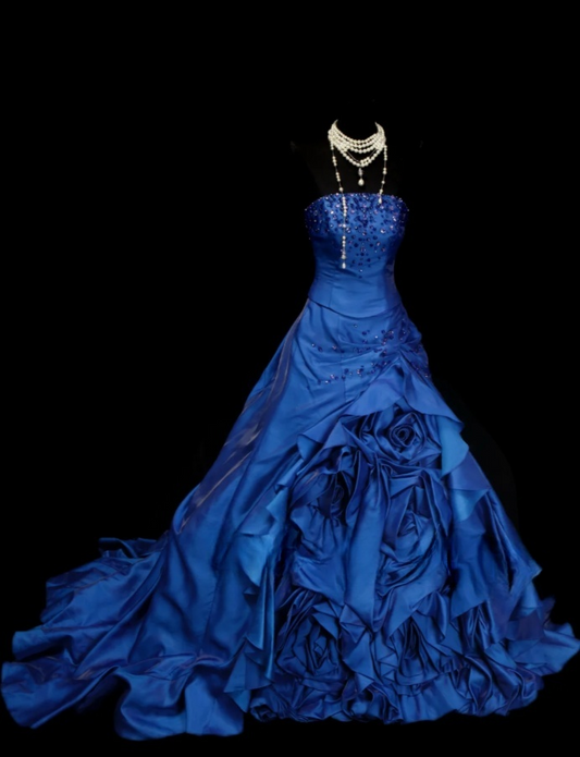 Glam Blue Ball Gown Long Prom Dresses Satin Strapless Evening Dresses Sleeveless Formal Dresses EP06089