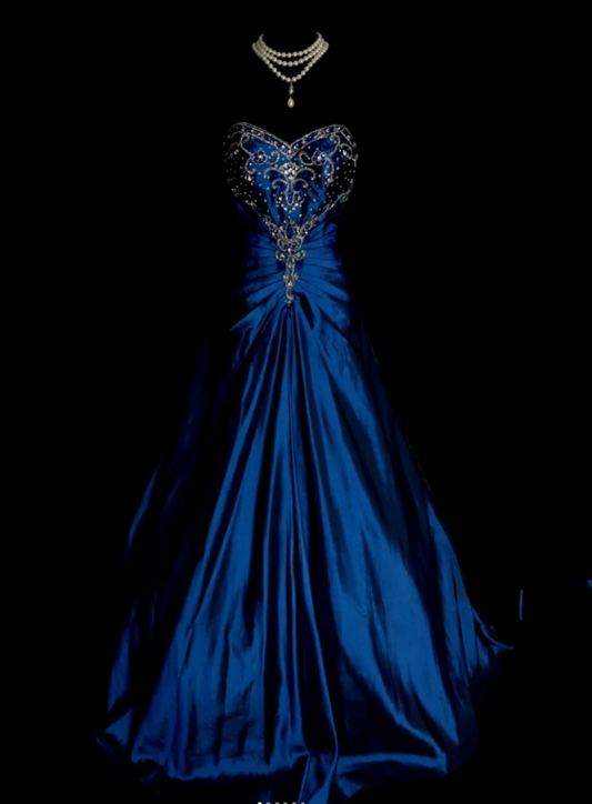 Glam Blue A-Line Long Prom Dresses Satin Beaded Strapless Evening Dresses Sleeveless Formal Dresses EP06090