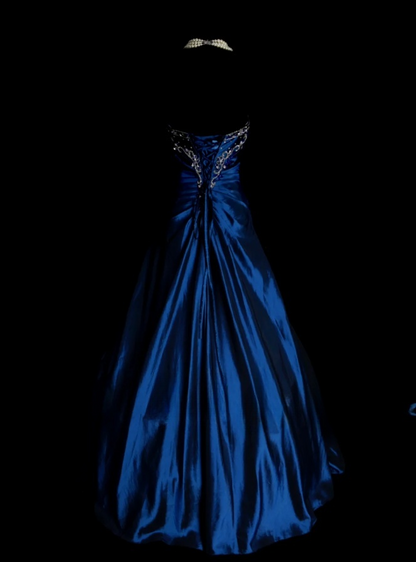 Glam Blue A-Line Long Prom Dresses Satin Beaded Strapless Evening Dresses Sleeveless Formal Dresses EP06090