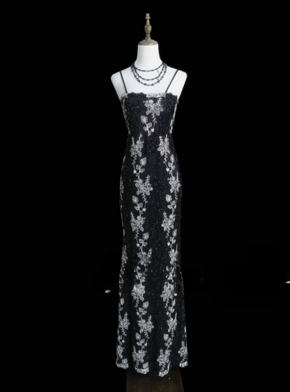 Glam Black Sheath Long Prom Dresses Appliques Satin Sapghetti Straps Evening Dresses Sleeveless Formal Dresses EP06091