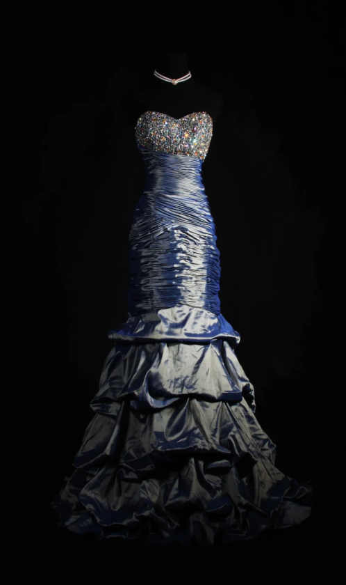 Gorgeous Gray Blue Sheath Long Prom Dresses Satin Strapless Evening Dresses Sleeveless Formal Dresses EP06093