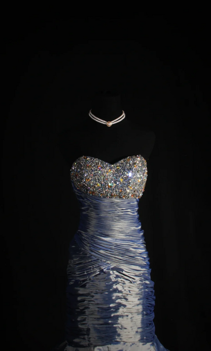 Gorgeous Gray Blue Sheath Long Prom Dresses Satin Strapless Evening Dresses Sleeveless Formal Dresses EP06093