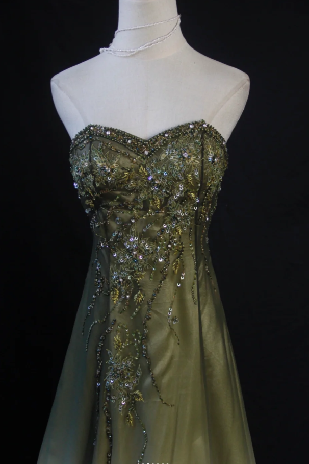 Gorgeous Green A-line Long Prom Dresses Sequins Chiffon Strapless Evening Dresses Sleeveless Formal Dresses EP06095