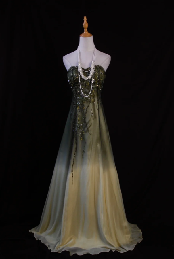 Gorgeous Green A-line Long Prom Dresses Sequins Chiffon Strapless Evening Dresses Sleeveless Formal Dresses EP06095