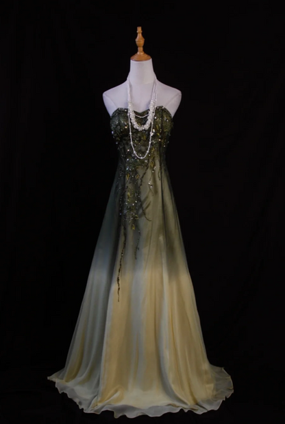 Gorgeous Green A-line Long Prom Dresses Sequins Chiffon Strapless Evening Dresses Sleeveless Formal Dresses EP06095