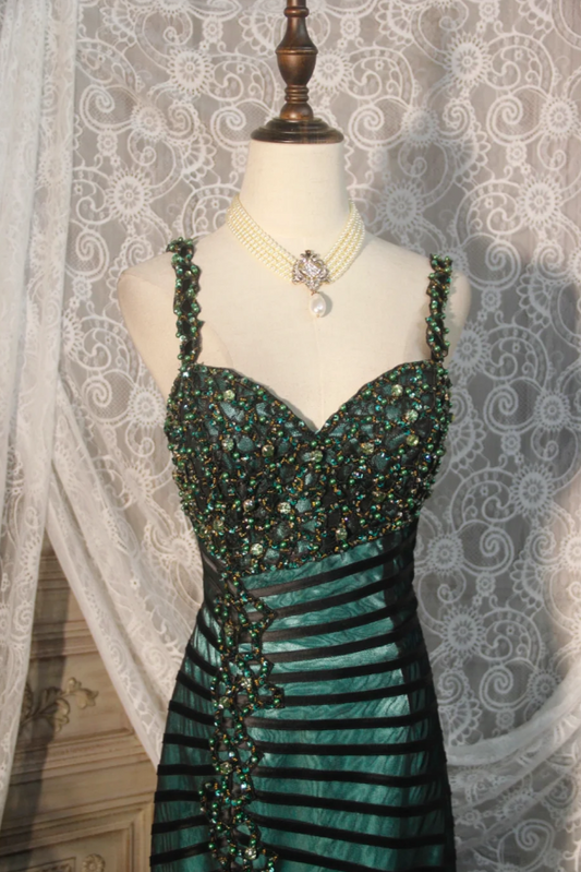 Gorgeous Dark Green Mermaid Long Prom Dresses Tulle Beaded Spaghetti Straps Evening Dresses Sleeveless Formal Dresses EP06097
