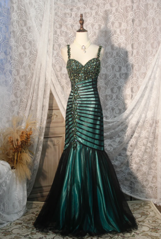 Gorgeous Dark Green Mermaid Long Prom Dresses Tulle Beaded Spaghetti Straps Evening Dresses Sleeveless Formal Dresses EP06097