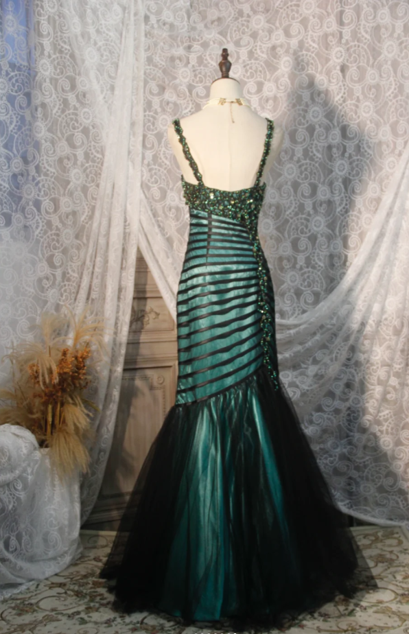 Gorgeous Dark Green Mermaid Long Prom Dresses Tulle Beaded Spaghetti Straps Evening Dresses Sleeveless Formal Dresses EP06097