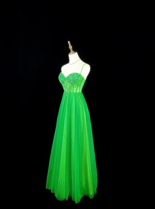 Gorgeous Bud Green A-line Long Prom Dresses Tulle Spaghetti Straps Evening Dresses Sleeveless Formal Dresses EP06099