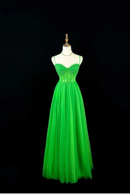 Gorgeous Bud Green A-line Long Prom Dresses Tulle Spaghetti Straps Evening Dresses Sleeveless Formal Dresses EP06099