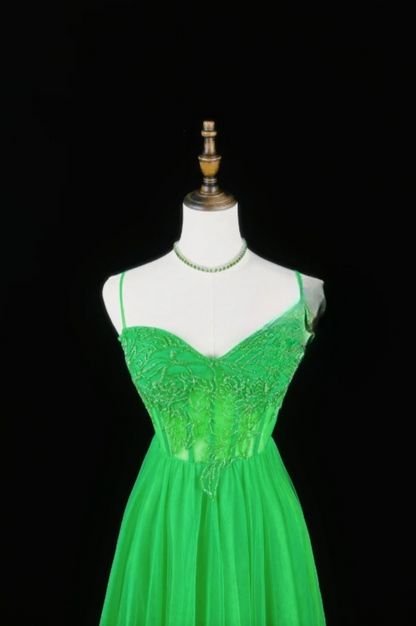 Gorgeous Bud Green A-line Long Prom Dresses Tulle Spaghetti Straps Evening Dresses Sleeveless Formal Dresses EP06099