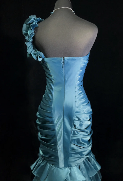 Gorgeous Blue Sheath Long Prom Dresses Satin One-shoulder Evening Dresses Sleeveless Formal Dresses EP06101