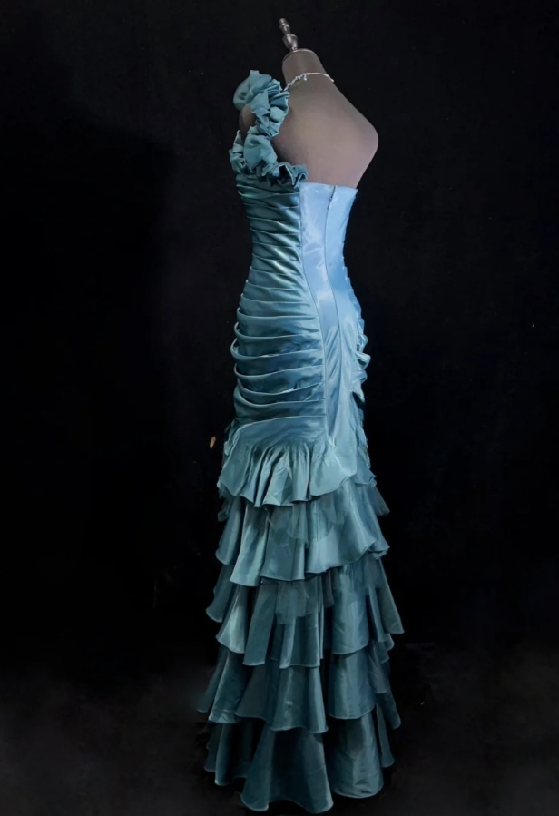 Gorgeous Blue Sheath Long Prom Dresses Satin One-shoulder Evening Dresses Sleeveless Formal Dresses EP06101