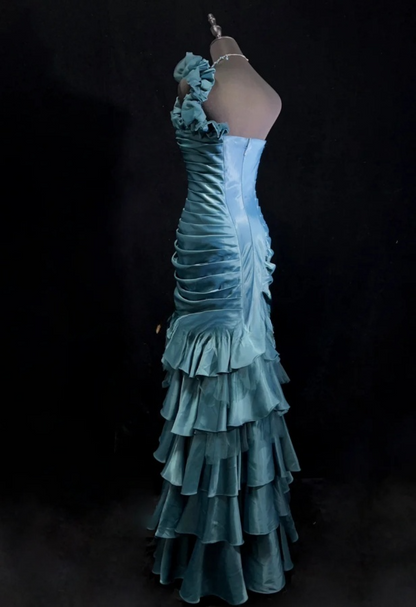 Gorgeous Blue Sheath Long Prom Dresses Satin One-shoulder Evening Dresses Sleeveless Formal Dresses EP06101
