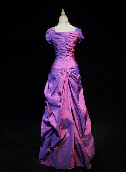 Gorgeous Purple Sheath Long Prom Dresses Satin Square Neck Evening Dresses Sleeves Formal Dresses EP06102
