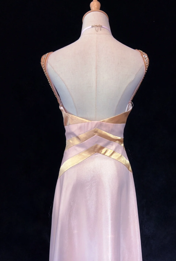 Fairy Pink Sheath Long Prom Dresses Satin Beaded V-neck Evening Dresses Sleeveless Formal Dresses EP06103