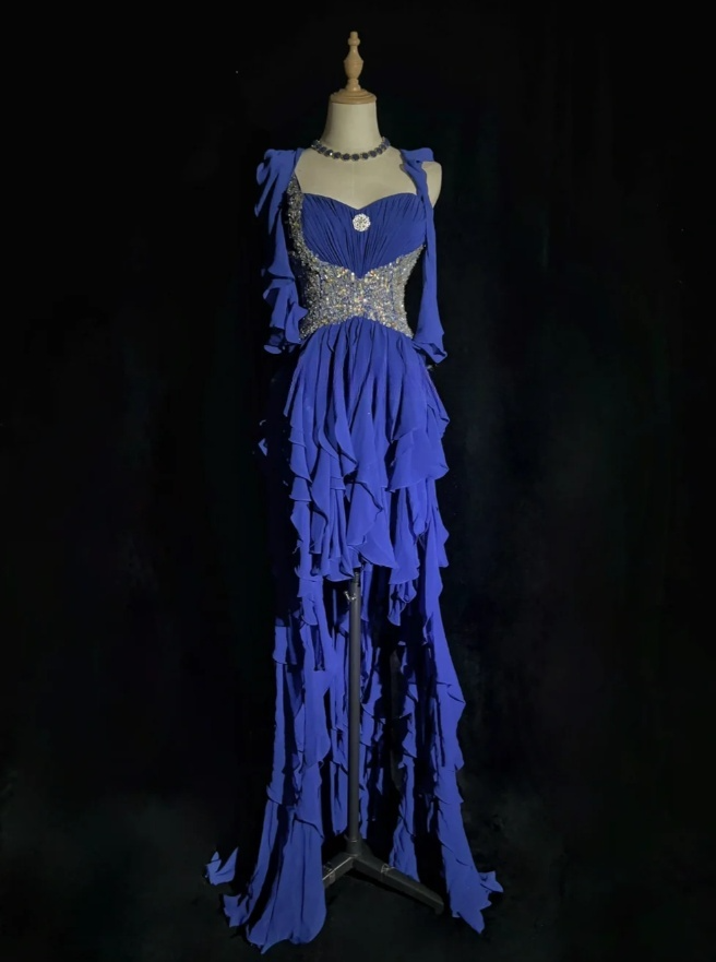 Glam Blue Long Prom Dresses Straps Sheath Evening Dresses Chiffon Formal Dresses EP06104