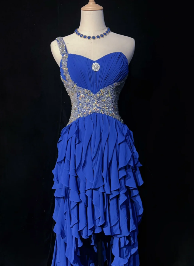 Glam Blue Long Prom Dresses Straps Sheath Evening Dresses Chiffon Formal Dresses EP06104