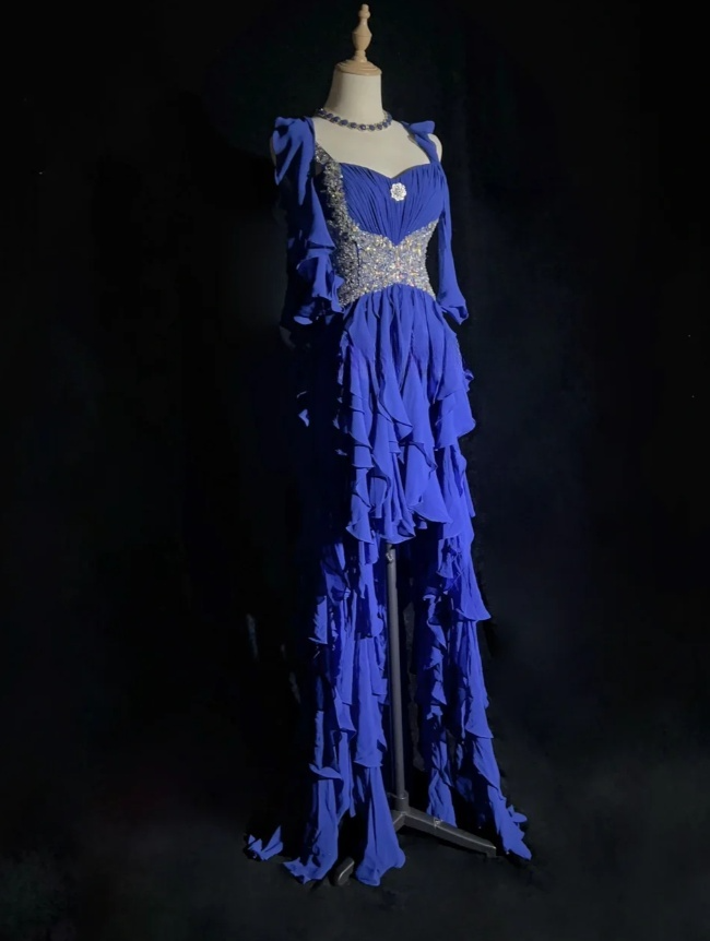 Glam Blue Long Prom Dresses Straps Sheath Evening Dresses Chiffon Formal Dresses EP06104